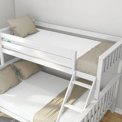 White wooden bunk bed with beige bedding in a modern bedroom setup.