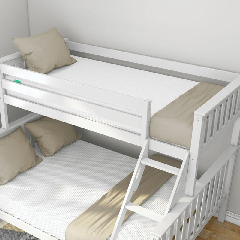 White wooden bunk bed with beige bedding in a modern bedroom setup.