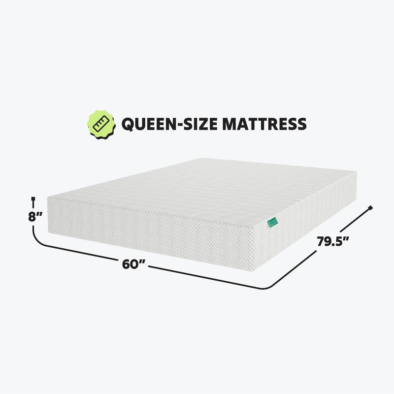 Queen-size mattress with dimensions of 60 inches by 79.5 inches and an 8-inch thickness.