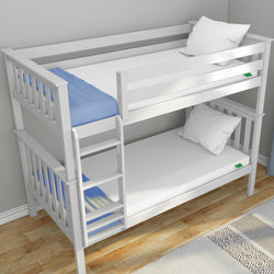 White wooden bunk bed with blue accents in a modern bedroom setting.