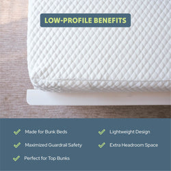 Low-profile mattress benefits for bunk beds include lightweight design, maximized guardrail safety, and extra headroom space.
