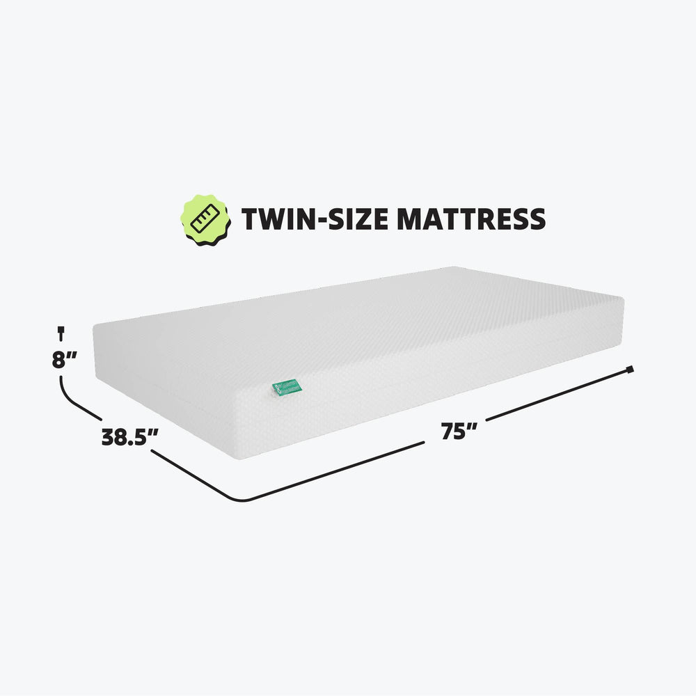 Twin-size mattress with dimensions 38.5 inches by 75 inches and 8 inches thick, ideal for small bedrooms or guest rooms.