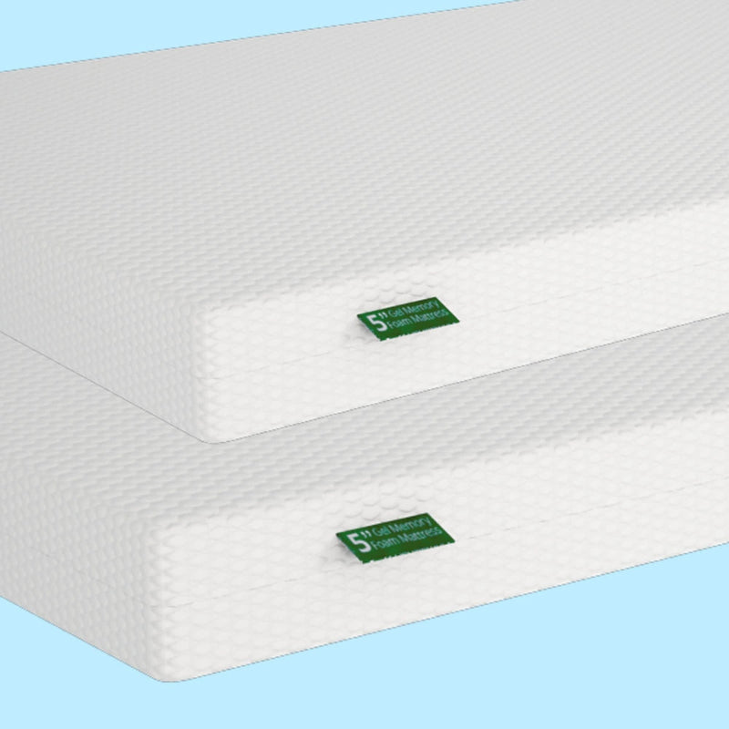 Stack of two gel mattresses with textured white covers on a blue background.