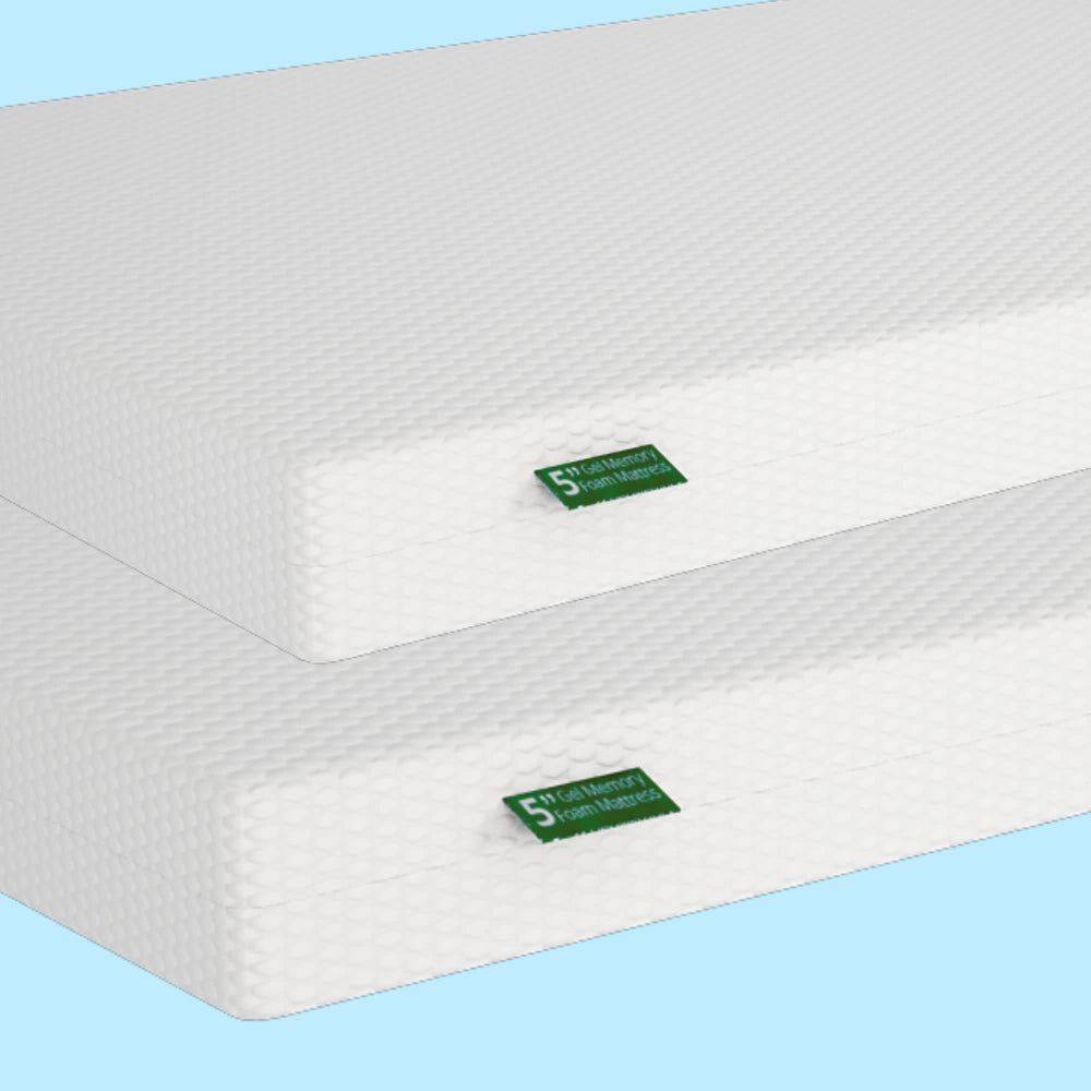 Two white 5-inch gel memory foam mattresses stacked, offering superior comfort and support for a restful night's sleep.