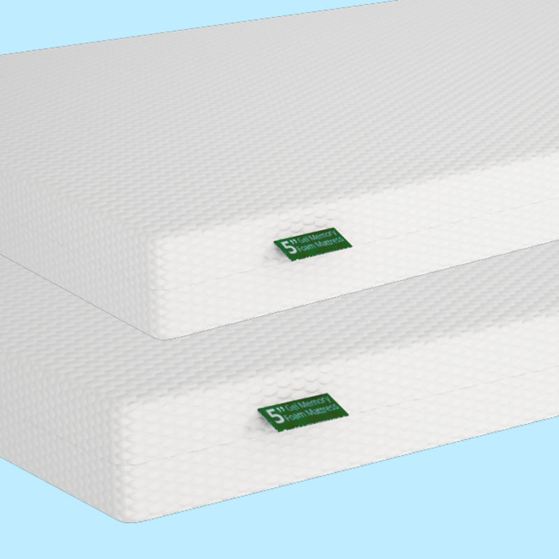 Two white 5-inch gel memory foam mattresses stacked, offering superior comfort and support for a restful night's sleep.