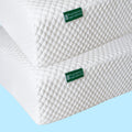 8-inch gel memory foam mattress with white textured quilted cover and cooling pillow-top, stacked side view on light blue background