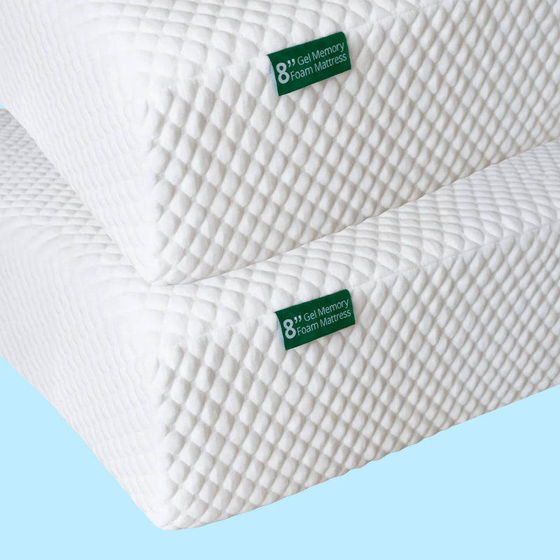 8-inch gel memory foam mattress with white textured quilted cover and cooling pillow-top, stacked side view on light blue background