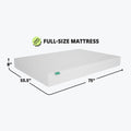 Full-size 8-inch mattress with breathable white cover, 53.5 x 75 inches