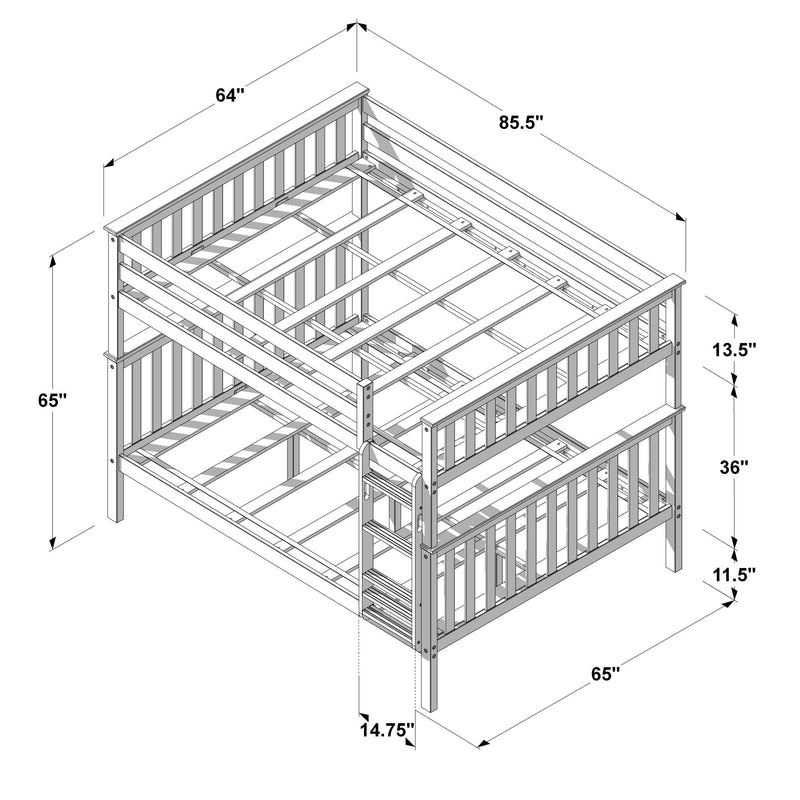 Isometric assembly diagram of wooden twin-over-full bunk bed frame with ladder and guardrails, labeled dimensions 85.5", 65", 64", 36".