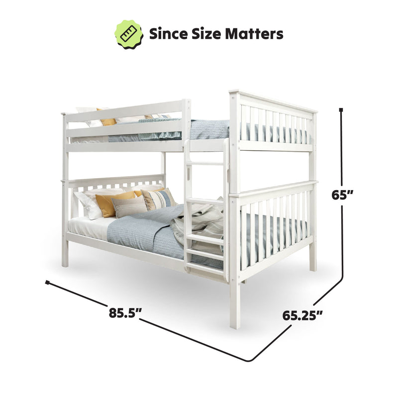 White twin over full bunk bed with dimensions 85.5 inches length, 65 inches height, and 65.25 inches width, featuring blue and yellow bedding.