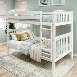 White wooden twin-over-full bunk bed with ladder, teal striped bedding and beige throw in a mint green modern bedroom with area rug