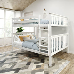 White wooden bunk bed in modern bedroom with geometric rug and natural light.