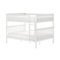 White wooden loft bunk bed with ladder, slatted guardrails and mattresses — modern children's bedroom furniture