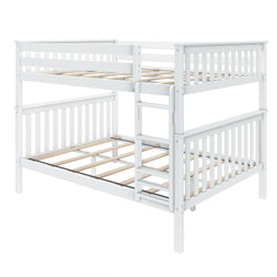 White wooden bunk bed frame with ladder, modern children's bedroom furniture.