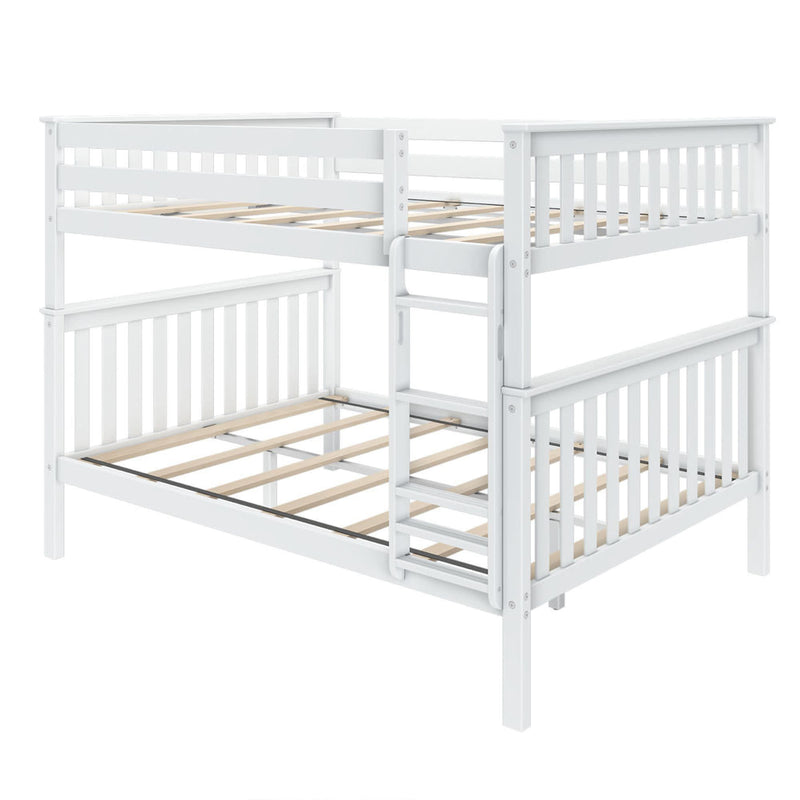 White wooden bunk bed frame with ladder, modern children's bedroom furniture.
