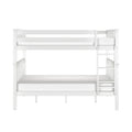 White wooden bunk bed with ladder and safety guardrails, twin-over-full loft bed with mattresses — front view on white background
