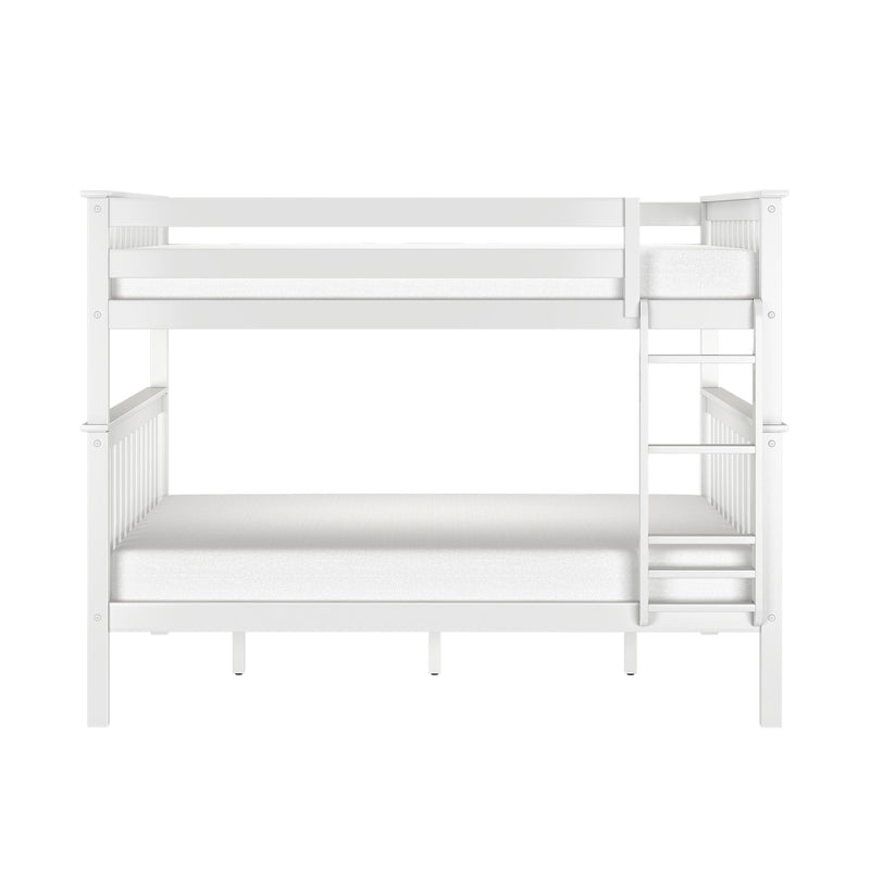 White wooden bunk bed with ladder and safety guardrails, twin-over-full loft bed with mattresses — front view on white background