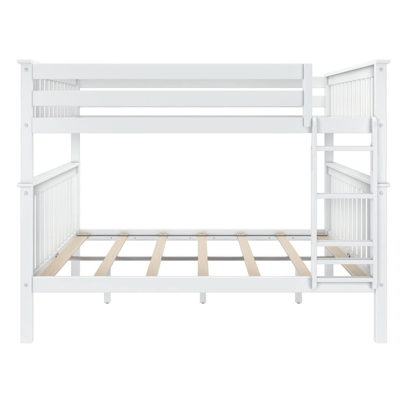 White wooden bunk bed frame with ladder, ideal for children's bedrooms.