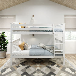 White wooden bunk bed with ladder in modern bedroom featuring geometric rug and large windows.