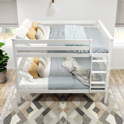White wood bunk bed with gray bedding and decorative pillows in a bright, modern bedroom.