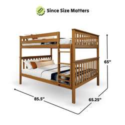 Wooden bunk bed with ladder and mattresses, dimensions 85.5x65x65.25 inches, perfect for maximizing bedroom space.