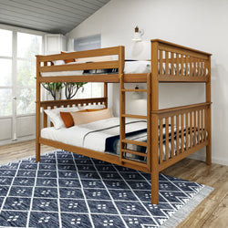 Wooden bunk bed in a spacious, well-lit room with modern decor and a patterned blue rug.