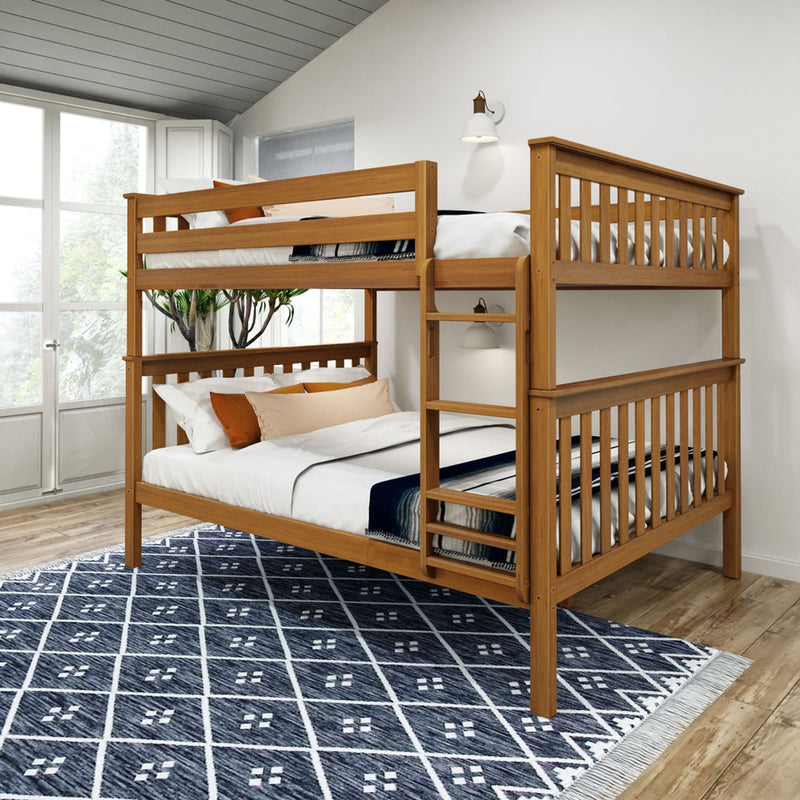 Wooden bunk bed in a spacious, well-lit room with modern decor and a patterned blue rug.