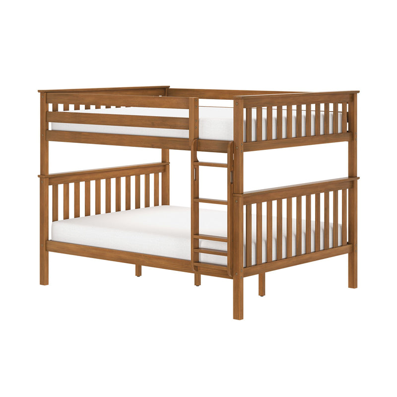Solid wood loft-style bunk bed with ladder, slatted guardrails and warm walnut finish