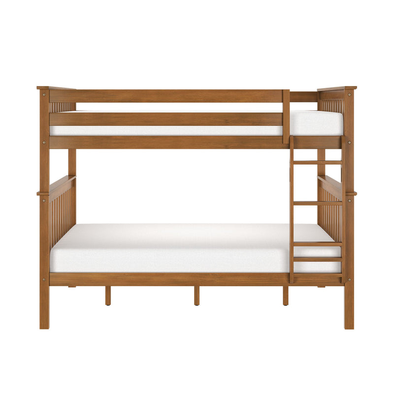 Solid wood bunk bed with built-in ladder and white mattresses in warm wood finish — space-saving bedroom furniture, modern rustic design
