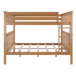 Wooden bunk bed frame with ladder, ideal for space-saving in kids' bedrooms.