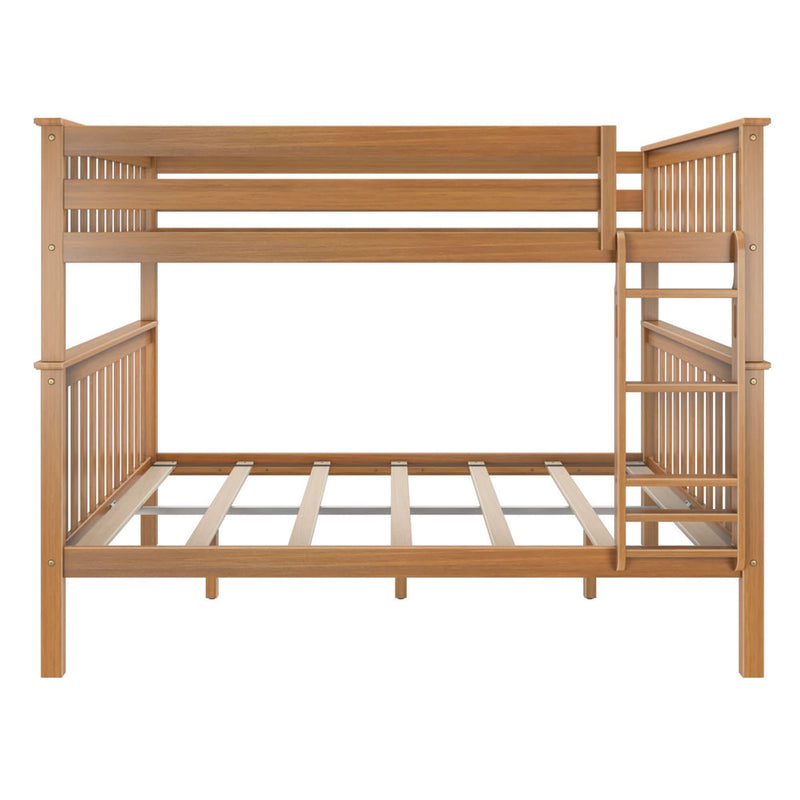 Wooden bunk bed frame with ladder, ideal for space-saving in kids' bedrooms.