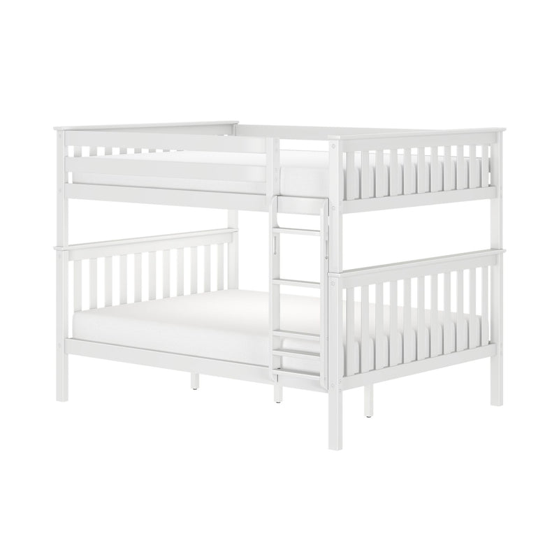 White wooden twin-over-full bunk bed with ladder and safety guardrails, slatted headboards and sturdy kids loft bed frame
