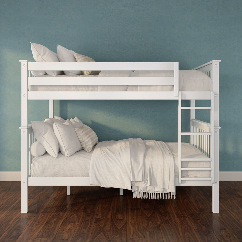 White wooden bunk bed with ladder and neutral linen bedding against a teal textured accent wall on dark hardwood floor, modern space-saving kids bedroom
