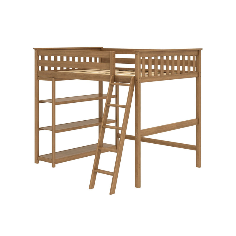 Wooden loft bed with ladder and built-in shelves, perfect for maximizing small bedroom spaces.