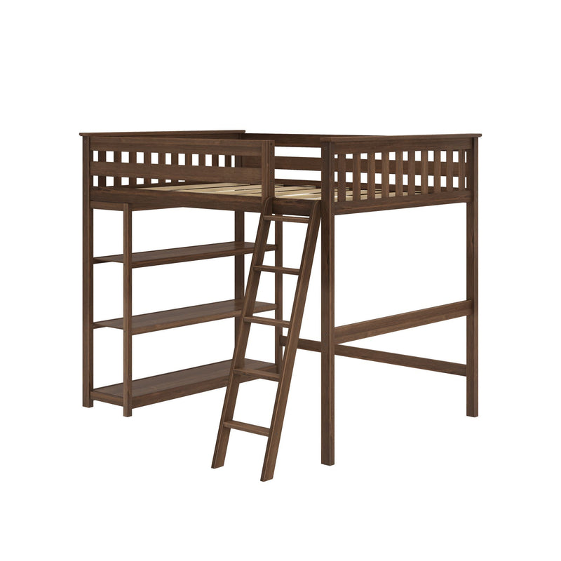 Wooden loft bed frame with built-in ladder and storage shelves for space-saving bedroom design.