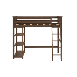 Brown wood loft bed with integrated ladder and side bookshelves for space-saving bedroom design.