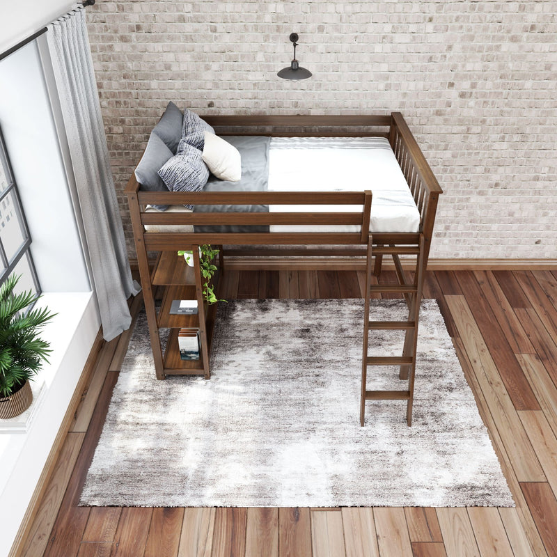 Loft bed with wooden frame and built-in ladder, featuring cozy pillows and bedding, perfect for maximizing space in small bedrooms.