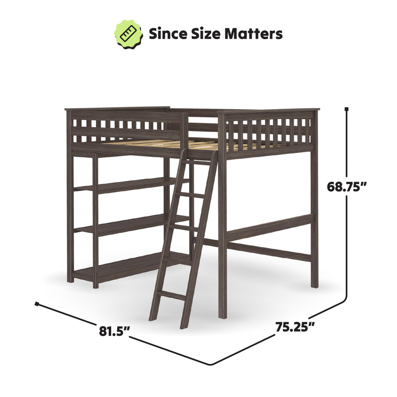 Wooden loft bed with dimensions 81.5 inches in length, 75.25 inches in width, and 68.75 inches in height, featuring ladder access and integrated shelving.