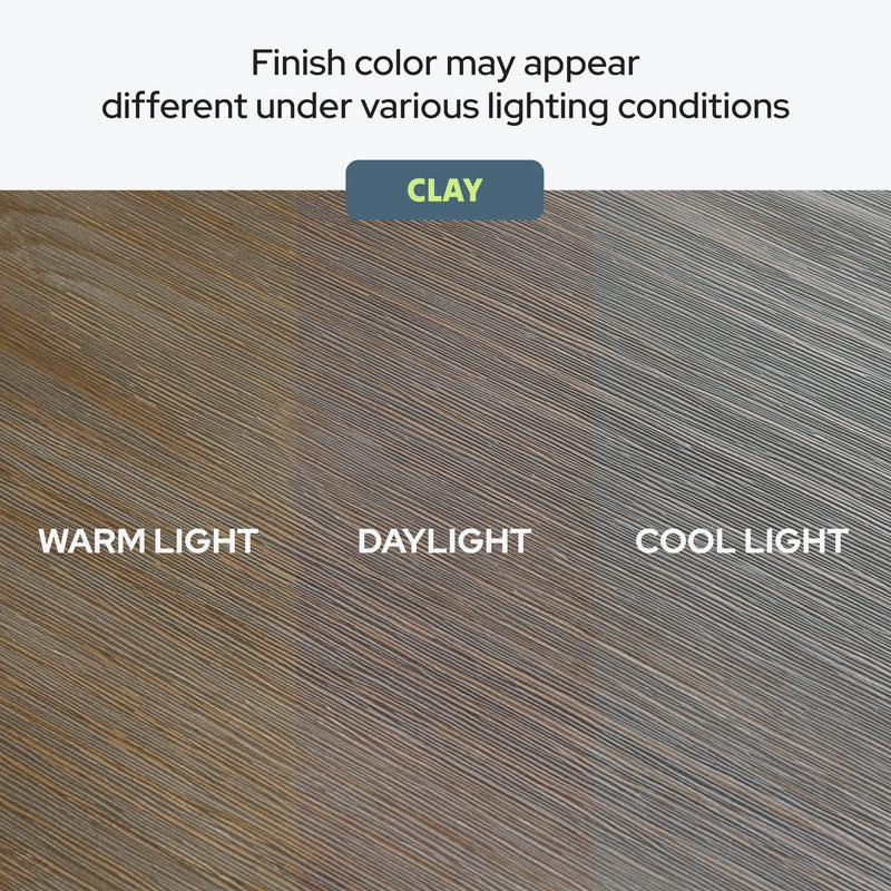 Clay wood finish appearing different under warm, daylight, and cool lighting conditions.