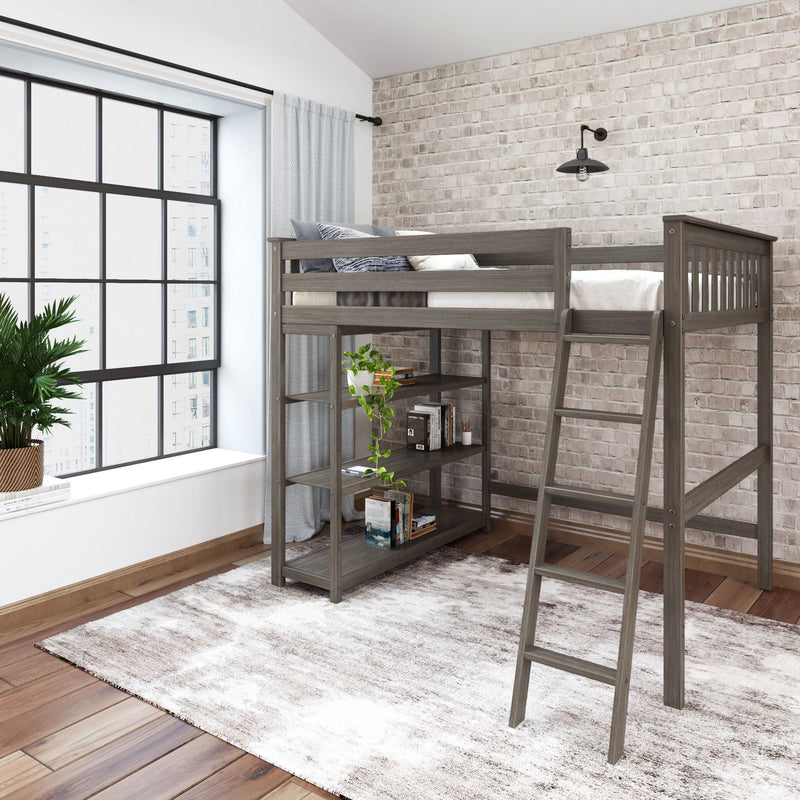 Gray wooden loft bed with ladder and built-in shelves in a modern bedroom with exposed brick wall and large window.