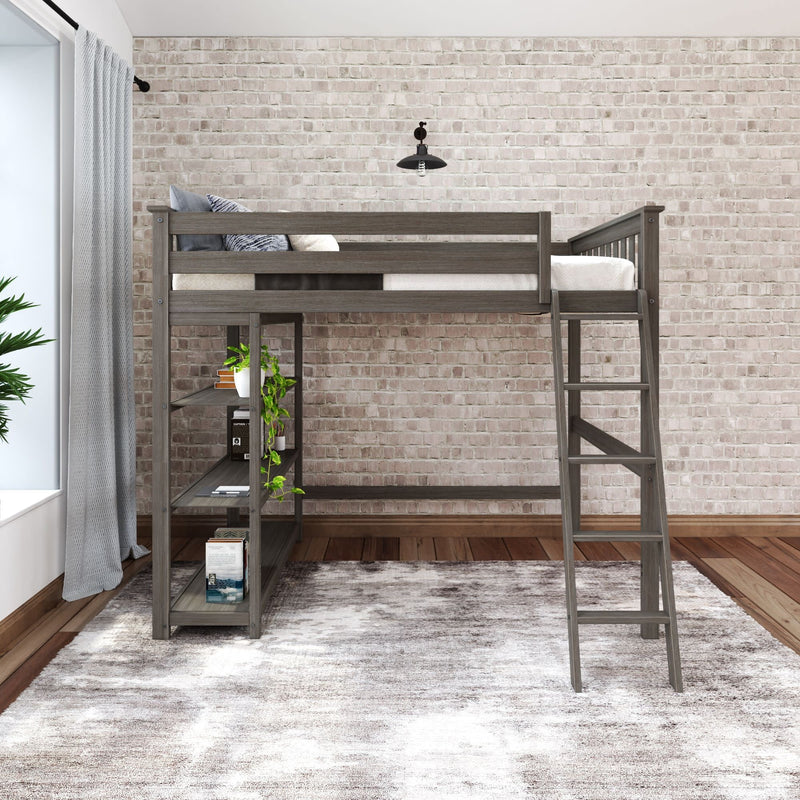 Gray wooden loft bed with ladder and built-in shelving against a brick wall backdrop, modern bedroom furniture for maximizing space.