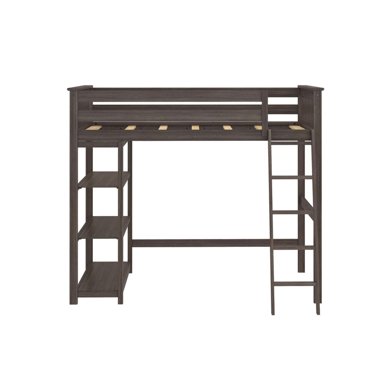 Loft bed with integrated shelving and ladder in modern dark wood finish.