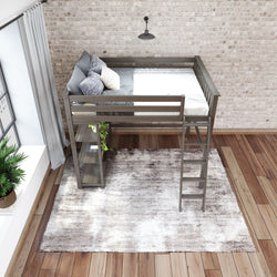 Loft bed with ladder in a cozy, modern bedroom featuring wooden flooring and a stylish accent rug.