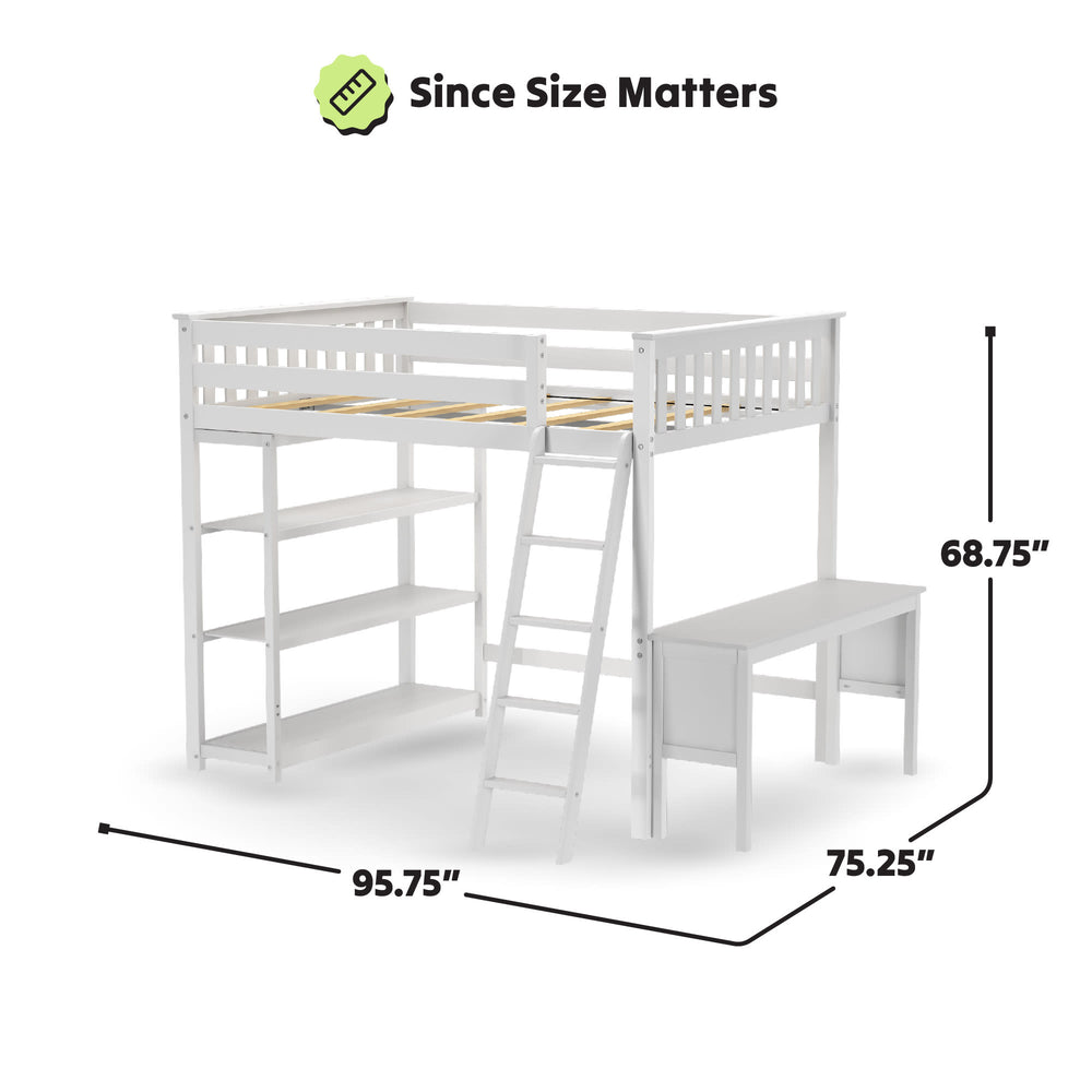 White loft bed with integrated shelves and desk, measuring 95.75 inches in length, 75.25 inches in width, and 68.75 inches in height, ideal for optimizing bedroom space.