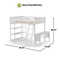 White loft bed with integrated shelves and desk, measuring 95.75 inches in length, 75.25 inches in width, and 68.75 inches in height, ideal for optimizing bedroom space.