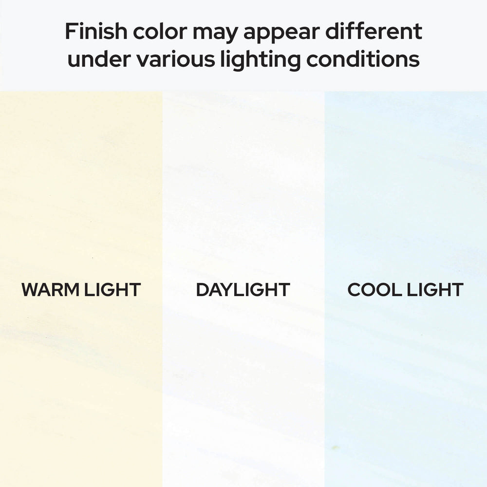 Comparison of finish color under warm light, daylight, and cool light conditions.