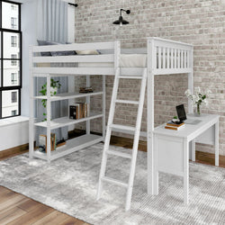 Loft bed with integrated desk and shelves in modern bedroom design.