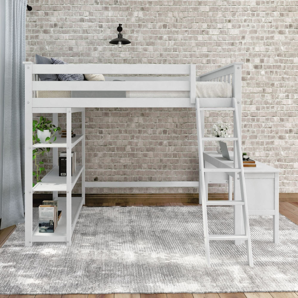 White loft bed with integrated desk and shelves in a modern room setting.