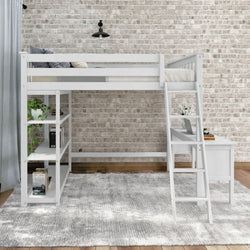 White loft bed with integrated desk and shelves in a modern room setting.