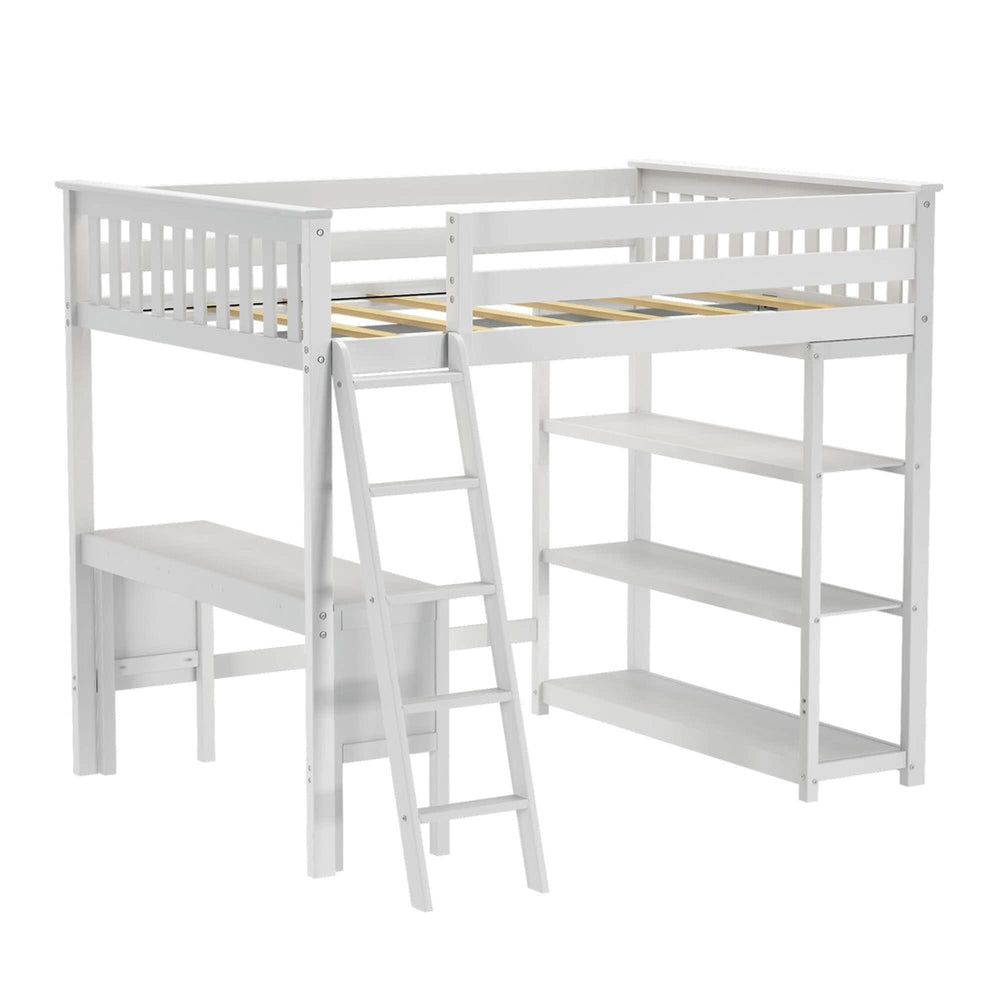 White wooden loft bed with ladder, desk, and shelves for kids' bedroom furniture.